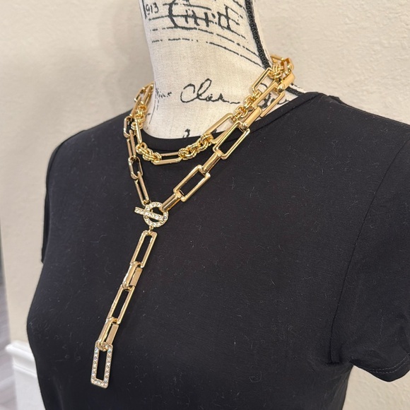 INC International Pavé Link Gold Layered Lariat Necklace - Picture 2 of 8